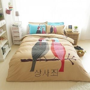 Queen Size Cotton Duvet Cover With Bird Motif